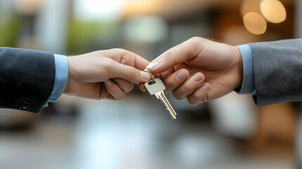 Wall Mural - Two hands exchanging a key, symbolizing a transfer of ownership.