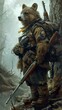 © Infinity - A bear-like creature in military garb, holding a rifle, stands in a misty forest.