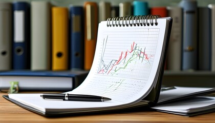 Wall Mural - Equity Financing Insights: Notebook, Pen, and Folder Against a Financial Chart