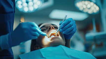 Canvas Print - A dental procedure with a patient in a chair and a dentist using instruments.