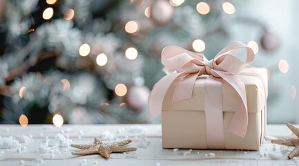 a beautifully wrapped gift box with a pink ribbon, set against a festive backdrop featuring pine branches and twinkling lights