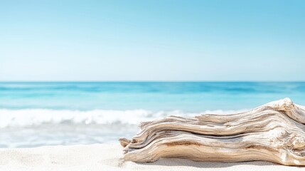 Poster - Driftwood on a Sandy Beach with Blurred Ocean Background