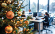 © eshana_blue - Christmas holiday at work, decorated modern office with IT workers.