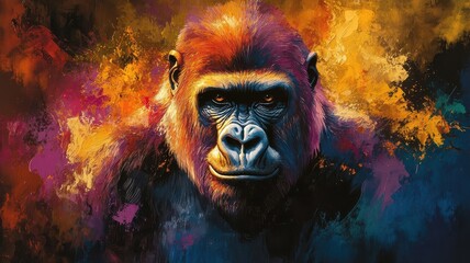 Oil painting style, a gorilla depicted with rich, vibrant colors and expressive brushstrokes, highlighting its powerful presence.