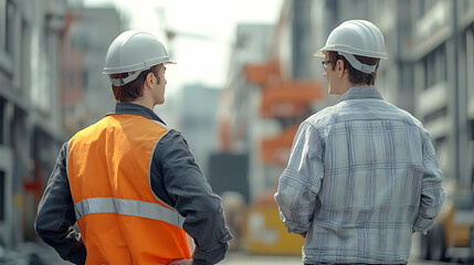 Two men in hard hats observing a construction site.