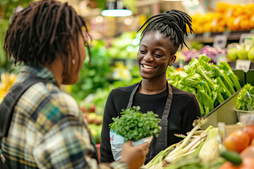 Smiling grocery store clerk is holding fresh produce while helping a customer in the produce aisle