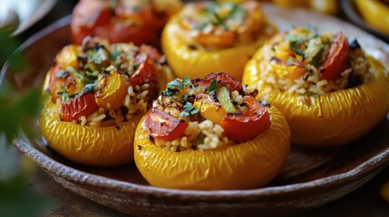 A close-up of yellow and red paprikas stuffed with rice and vegetables, baked and served on a rustic plate.