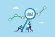 © Nuthawut - Data analysis, optimization or marketing analytics for statistics improvement, growth or KPI measurement result, chart or diagram concept, business people hold magnifying glass analyzing data chart.