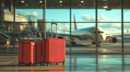 Two Suitcases and a Travel Bag Near an Airport Window with Airplane in the Background, Representing the Travel Concept, Modern and Relaxed Travel Atmosphere.