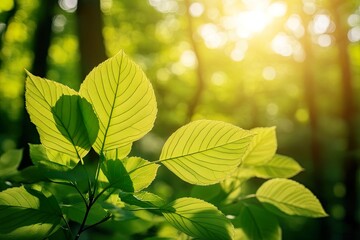 Canvas Print - Sunlit green leaves in a lush forest, showcasing nature's beauty and tranquility.