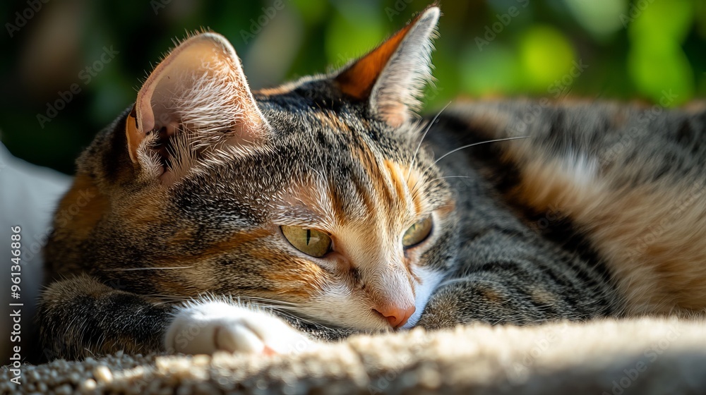 A tabby domestic cat with calico, tortie, and mackerel color patterns ...