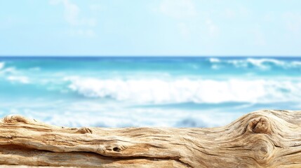 Sticker - Driftwood Log Over Blurry Ocean Waves Beach Background