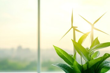 A serene indoor scene featuring green plants and wind turbines against a bright background.