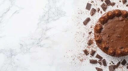 Wall Mural - Chocolate Cake with Chocolate Pieces on Marble Background