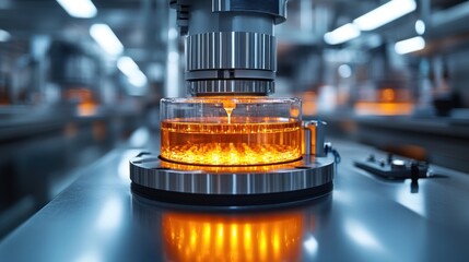 Wall Mural - Close Up of a Manufacturing Process: A Glass Vessel with Orange Liquid Under a Machine