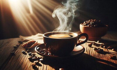 Steaming Cup of Fresh Coffee with Sunlight and Coffee Beans, Fragrant hot coffee in a white cup with beans spilling roasted