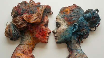 Two women with intricately painted bodies are represented in a unique puzzle art form, highlighting their striking facial profiles and vibrant colors on a neutral background