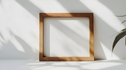 Minimalist Wooden Frame with Natural Sunlight Accents on White Surface