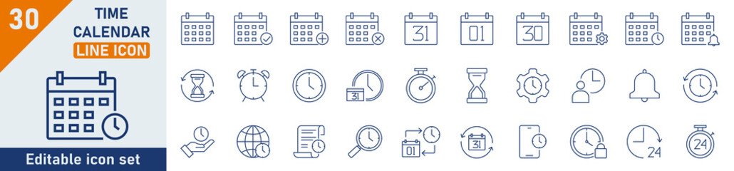 Wall Mural - time and calendar line icon set. set of 30 outline icons related to calendar, clock, date, stopwatch