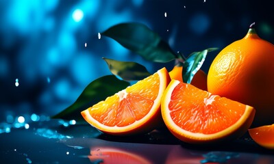 Close-up of juicy orange slices paired with green leaves on a reflective surface, set against a vibrant and dreamy background, evoking freshness and vitality.