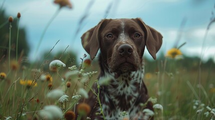 Wall Mural - Dog in Field of Flowers