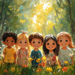 Group of cheerful little children of different nationalities in green summer park, friends, diversity, smiling child, kid, kindergarten, family, portrait, boys and girls faces