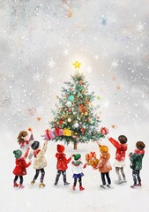 watercolor illustration of children with gifts and a christmas tree.