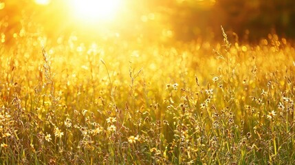 Wall Mural - Golden Meadow Sunset with Wildflowers and Bokeh