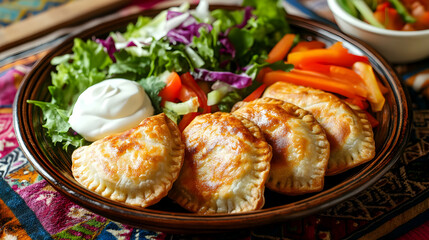 A beautifully plated dish of khuushuur (fried meat pies) with crispy edges, served with a side of sour cream and fresh salad on a traditional Mongolian tablecloth