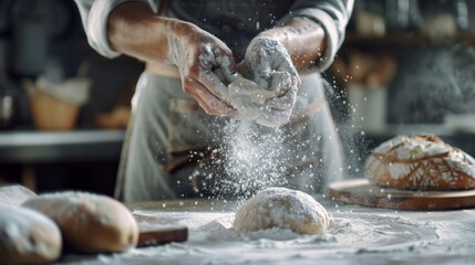 The image shows a person in the process of baking bread