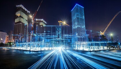 Futuristic Architectural Design Projection Overlay on City Block Under Construction at Night