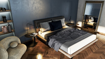 Wall Mural - Modern bright bed room interiors 3D rendering illustration computer generated image