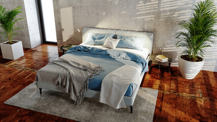 Wall Mural - Modern bright bed room interiors 3D rendering illustration computer generated image