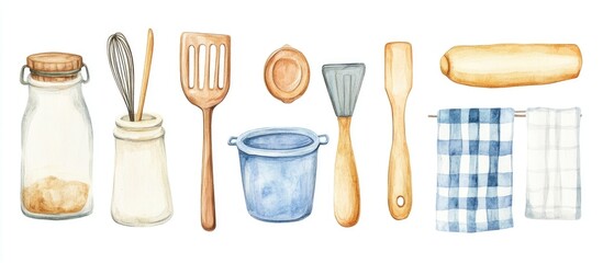 Wall Mural - Charming Watercolor Kitchen Utensils: Essential Tools for Every Cooking Enthusiast