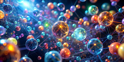 Sticker - Cosmic Dance of Energy: A mesmerizing 3D render bursts with vibrant, interconnected energy spheres, depicting a captivating cosmic ballet of light and color. 