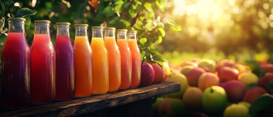 Wall Mural - Fresh Fruit Juice Bottles in a Garden Setting.