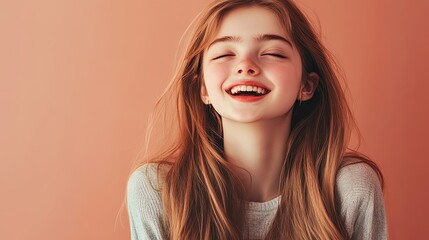 Wall Mural - A joyful young girl with long hair smiles brightly against a warm, peach background.