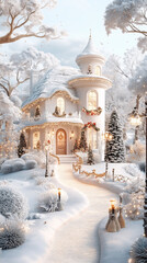 Beautiful house decorated for christmas with snow covering the ground and lights illuminating the path