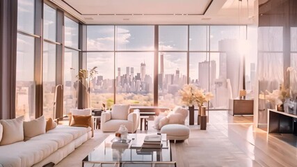 Sticker - Penthouse living room with panoramic view of Central Park and Manhattan skyline, featuring floor-to-ceiling windows, A modern mansion with floor-to-ceiling windows overlooking a city skyline