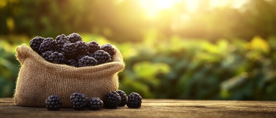 Wall Mural - Fresh Blackberries in a Burlap Sack on a Wooden Table.