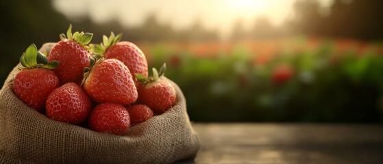 Wall Mural - Fresh Strawberries in a Burlap Sack.