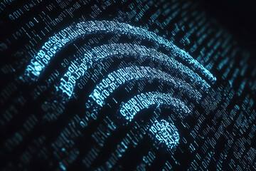  Isolated silhouette of a clean and minimal Wi-Fi symbol representing wireless internet connectivity, crafted in a wireframe plexus style with binary code elements, emphasizing digital connection