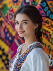 Wall Mural - A beautiful Ukrainian woman taking a selfie, wearing a traditional embroidered white shirt.