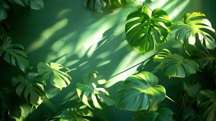 Wall Mural - Lush Green Monstera Leaves Against a Green Wall