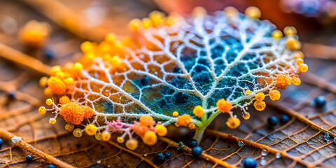 Nature's Miniature Jewels: Vivid slime mold on a forest floor, showcasing intricate detail and vibrant colors. 