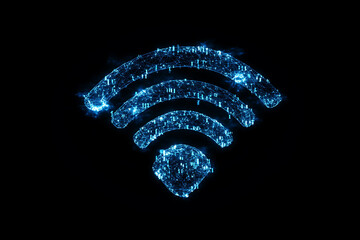  Isolated silhouette of a clean and minimal Wi-Fi symbol representing wireless internet connectivity, crafted in a wireframe plexus style with binary code elements, emphasizing digital connection