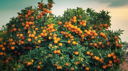 Vibrant oranges on a tree in southern Spain, with bright green foliage and clear sky