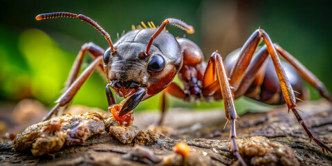 Close-up of a Fierce Ant: This captivating image showcases a single ant, its mandibles open and its eyes focused, creating a sense of power and determination. The intricate detail of its body and the 