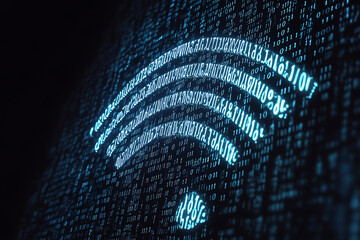  Isolated silhouette of a clean and minimal Wi-Fi symbol representing wireless internet connectivity, crafted in a wireframe plexus style with binary code elements, emphasizing digital connection