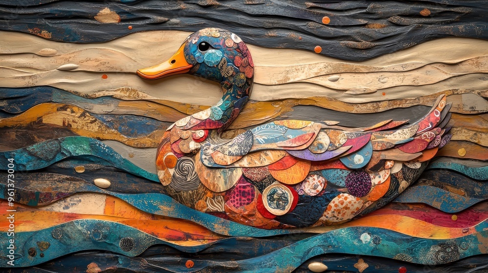 Playful, Textured pattern, a duck depicted with lively patterns and ...